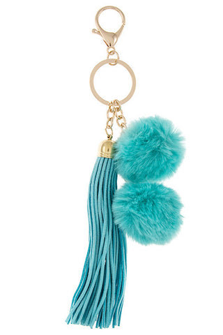 Tassell with Double Pom Pom Key Chain/Purse Accessory - Turquoise