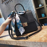 CAMELLA FAUX CROC TOP HANDLE BAG W/STRAP -BLK